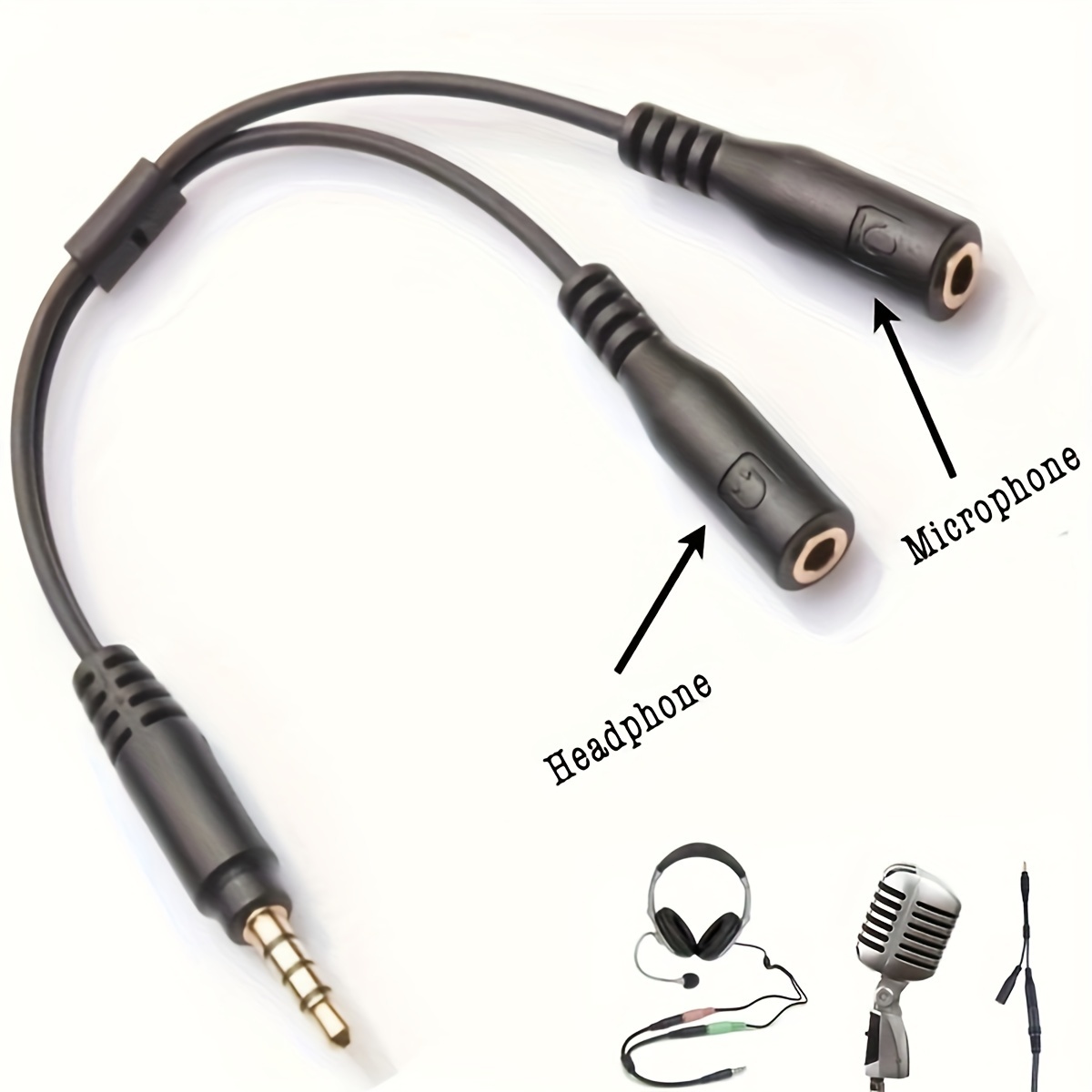 Audio Splitter Y - 黒スプリッターケーブルアダプター、ステレオオーディオ、1オスから2メス、ヘッドフォンマイク、trrs、y、3.5mm